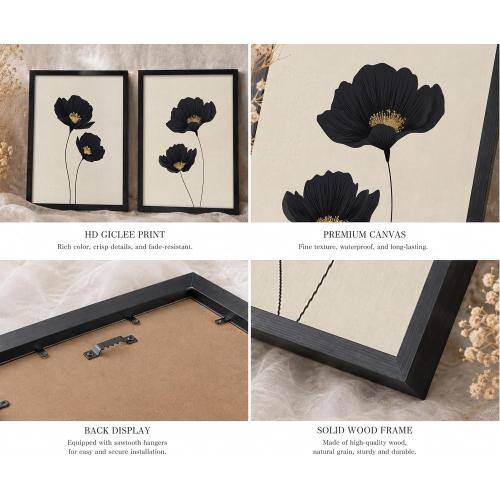 Minimalist Black Gold Flower Bathroom Wall Art Poppy Botanical Art Print
