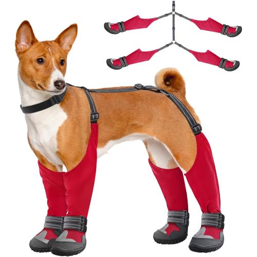 Idepet Dog Suspender Boots, Tall Dog Boots Anti-Slip & Fall Waterproof Shoes Leggings, Adjustable Suspender Boots for Winter Snow Rain Hiking Paws Protector (Red, 7)