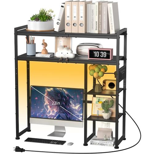 Aetheris Desktop Organizer Shelf, 30 Wooden Office Storage Rack with Outlets, Display Shelf Rack with Light Strip, 5 Tier Desktop Display Rac, Desk Shelf, Desk Hutch for Computer Monitor (Black)
