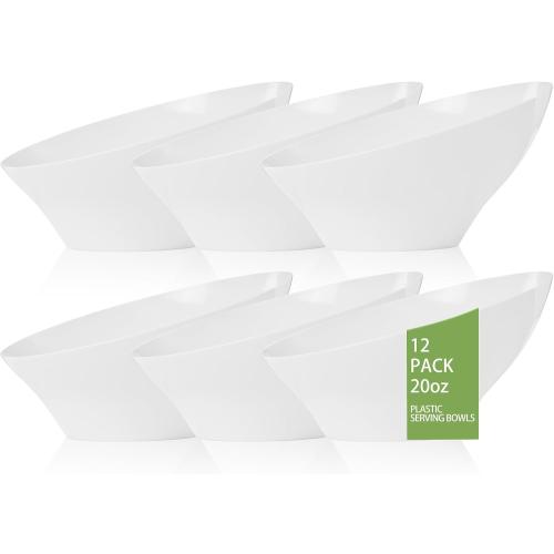 bUCLA 12 Pack White Plastic Serving Bowls - 20 OZ Angled Party Table Salad and Fruit Bowls Disposable for Chip&Candy, Ideal for Wedding