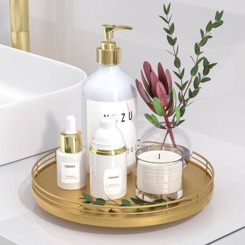 10 Gold Lazy Susan for Table Top, Oak Wood Lazy Susan Turntable Organizer for Dining Coffee Table Centerpiece Bar Decor Kitchen Countertop Bathroom Vanity Decorative Tray for Perfume Jewelry Round