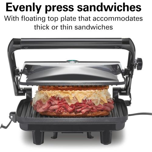 Hamilton Beach Panini Press Sandwich Maker & Electric Indoor Grill with Locking Lid, Opens Wide to Fit Any Thickness for Quesadillas, Burgers & More, Nonstick 8 x 10 Grids, Chrome (25460MNA)