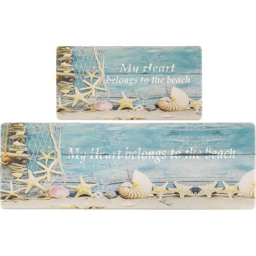 Summer Beach Theme Kitchen Mat for Floor Coastal Kitchen Rug, Cushioned Waterproof Anti Fatigue Mats for Sink, Stove, Laundry, 17.3x30 17.3x47 Lake Blue