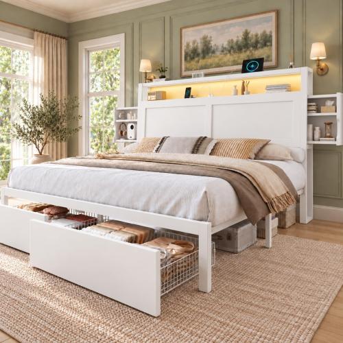 LARMACE Queen Bed Frame with Storage, LED Light and Charging Station, White