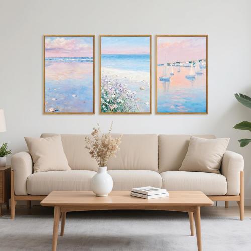 IARTTOP Pink Beach Wall Art Coastal Landscape Wall Decor Seascape Art Print | 24”x36”x3 Framed Sea Landscape Canvas Poster,Pink Coastal Room Decor,Beach Landscape Wall Art,Coastal Beach Wall Decor