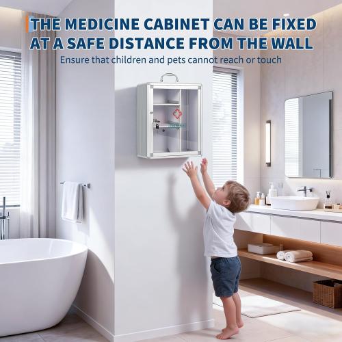 Garvee Large Lockable Medicine Cabinet with Handle,Protable First Aid Cabinet Wall Mount with Sticker for Bathroom,13.78×5.51×16.53,Sliver