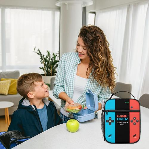 Game Insulated Lunch Box,Game Console Kids Lunch Bag For Boys Girls,Reusable Portable Kids Boys Gamer School Lunch Box With Detachable Handle (Game Neon Red & Blue)