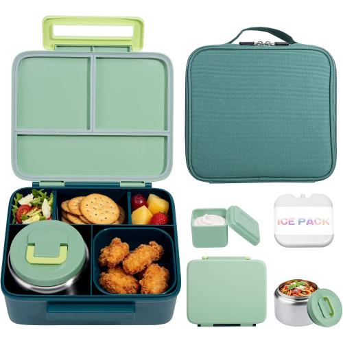 Bento Lunch Box for Kids with 8oz Soup Thermo Leak-Proof Lunch Food Containers with Snack Sauce Container for Kid Girls Boys to School, Green Bag