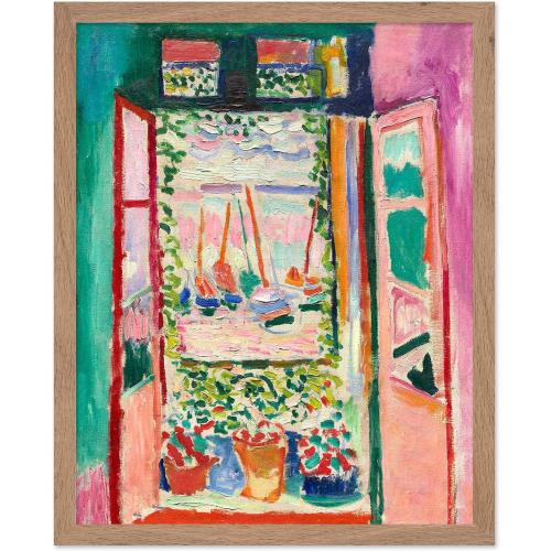 Poster Master Vintage Henri Matisse Poster - Retro Fauvism Print - Gift for Artist, Traveler - Open Window, Collioure, Sailboats, Harbour, Pots - Wall Decor for Home, Hotel, 11x14 Beige Framed