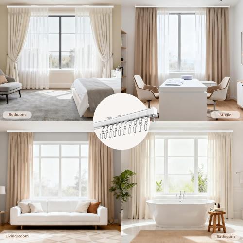 Ceiling Curtain Track White 12-15 ft Heavy Duty Ceiling/Wall Mount Rail | Includes 50 quiet-glide rollers, 50 hooks and 50 clips. Supports up to 50 lbs for room dividers, bathrooms and hospitals