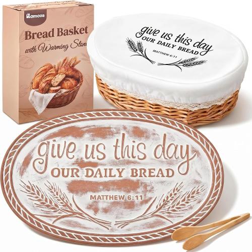Bread Warmer Basket with Warming Stone, Christian Gift