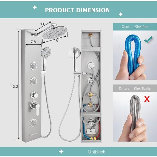 Rainfall Shower Panel Tower - 5 in 1 Full Body Shower, Brushed | Stainless Steel Shower Column with 2 Powerful Body Jets, Handheld and Tub Spout, Brass Valves, Adjustable Shower Head