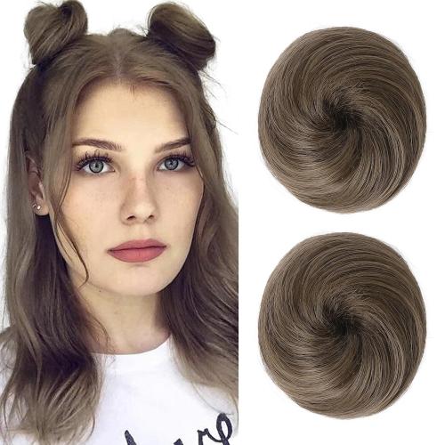 REECHO 2 PCS Mini Claw Clip in Messy & Cat Ears Hair Bun Extensions HB001 Wig Accessory Updo Hairpieces for Women (Pack of 2-3 Straight, Ash Light Brown)
