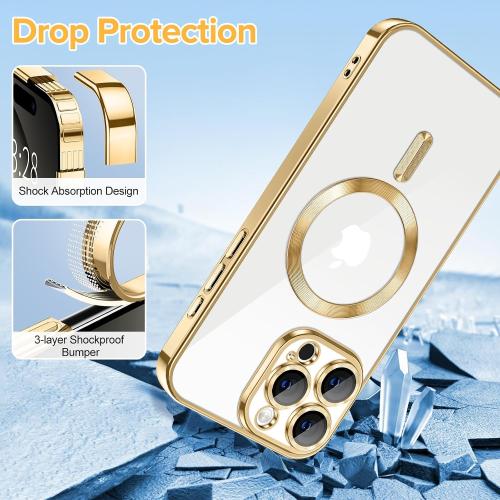 Hython Magnetic Clear for iPhone 16 Pro Case with Camera Lens Protector [Compatible with MagSafe] Luxury Plating Edge Slim Soft TPU Cover Protective Phone Case for iPhone 16 Pro 6.3, Gold