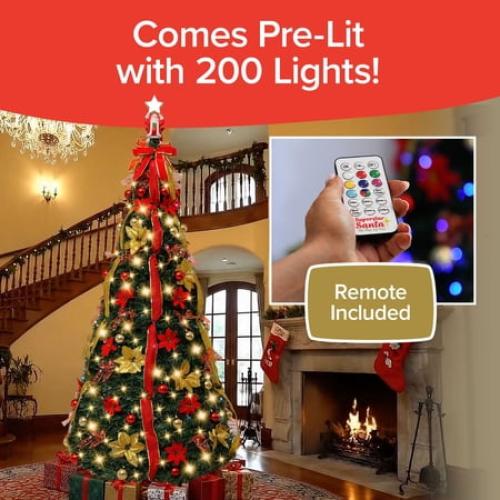 Superstar Santa Pop-Up Christmas Tree, AS-SEEN-ON-TV, Santa Topper Projects North Star, 7 Feet, Opens Instantly, Fully Decorated, Pre-Lit w/ 200 LED Lights, 7 colors, 32 Modes w/ Remote, Stores Flat