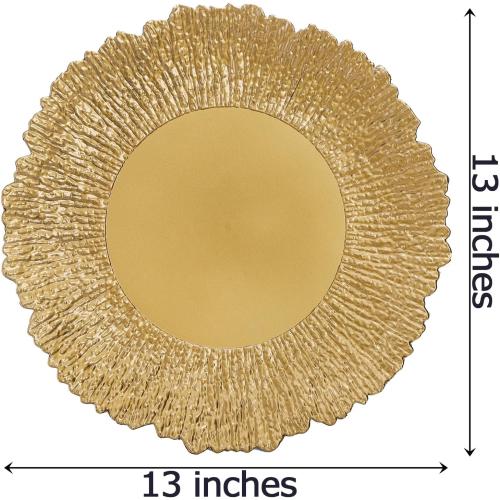 Coloch Set of 12 Gold Charger Plates, 13 Plastic Reef Serving Chargers for Dinner Plate Reusable Round Shiny Decorative Charger Plate for Wedding, Catering, Parties, Christmas, Home Dinner Use