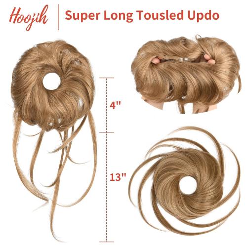HOOJIH Messy Bun Hair Piece - Super Long Tousled Updo Extensions, Wavy Wrap Ponytail With Elastic Band for Women Girls - Ash Brown