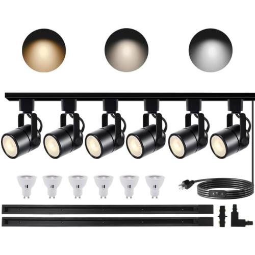 Black Dimmable LED Track Lighting Heads Kit,3CCT 10W Track Lights Heads 3000K/4000K/6000K Adjustable with 6.56FT H-Type Track Light Rails 6PCS Ceiling Spotlight Fixture Replaceable GU10 Bulbs