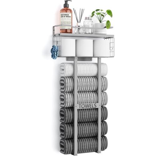 Aetyord Towel Racks for Bathroom - Wall Mounted Metal Rack with Wood Plank, Bathroom Storage Organizer, Towel Holder Stores 6 Large Rolled Towels Easily, All Grey