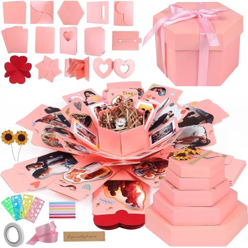 RECUTMS Explosion Gift Box, Handmade Exploding Photo Album Mothers Day Gifts,Gift Box with 6 Faces for Boyfriend, Girlfriend, Wedding, Birthday Party, Memory Box(Pink-6 Sides)