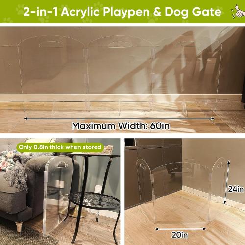 Dog Gate, Clear Acrylic Pet Gate for Dogs, Free Standing Pet Gates for Doorways, Folding Freestanding Puppy Doggy Cat Fence Inside, Dog Barriers for Home 3 Panel