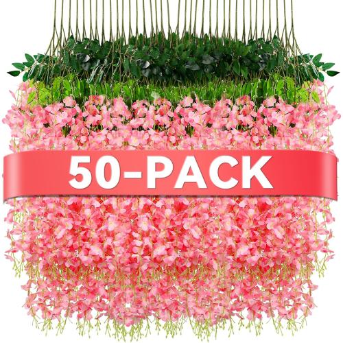 Alotiki Wisteria Hanging Flowers,50 Pack Fake Hanging Flowers,Wisteria Artificiales Garland for Home Wedding Arch Floral Party Garden Ceremony Outdoor Decor,3.6 Feet Long(50,Pink)