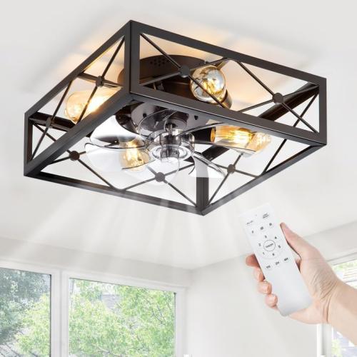 LEDIARY Caged Flush Mount Ceiling Fans with Lights and Remote, Black Square Rustic Low Profile Ceiling Fan, 6 Speed and Reversible, Small Farmhouse Bladeless Ceiling Fan for Bedroom, Kitchen, Indoor