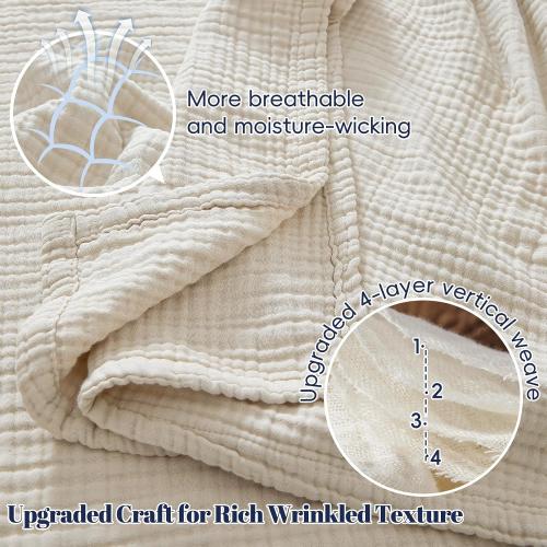 PHF 100% Cotton Muslin Blanket for Adults, Throw XL 50x70, Oat Milk