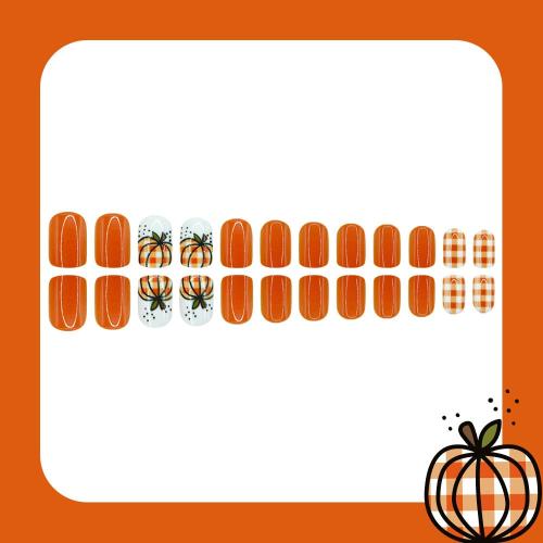 24Pcs Orange Fall Press on Nails Short Square Autumn Fake Nails with Thanksgiving Pumpkin Designs Fall Plaid Glossy False Nails Full Cover Reusable Stick on Nails for Women Manicure