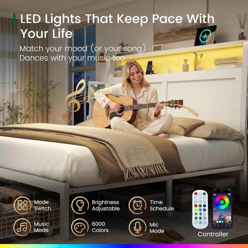 LARMACE Queen Bed Frame with Storage, LED Light and Charging Station, White