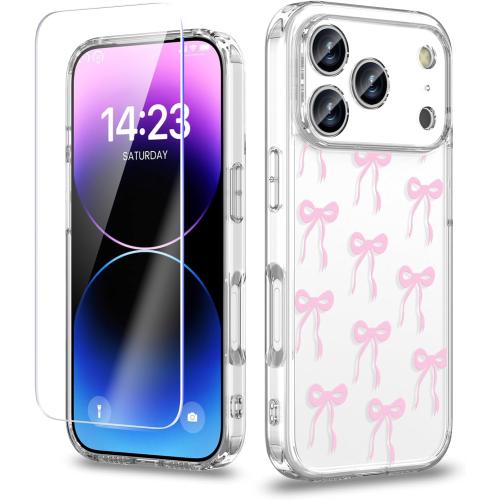 (clear pink) Case Compatible with iPhone 17 Pro 6.3 Inch with Screen Protector, Cute pink Clear Phone Cover for Women Girl｜Full Camera Protection｜Anti-Yellowing｜Shockproof & Anti-Scratch, Pink