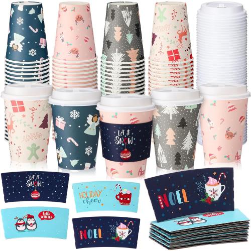 Yungyan  12 oz Christmas Disposable Coffee Cups with Lids and Sleeves Insulated Paper Coffee Cups with Dome Lids and Sleeves for Christmas Hot Chocolate Party Supplies(Lovely)