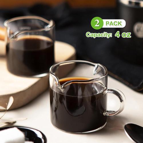 Espresso Cups Set of 2, 4 OZ Double Spouts Cups, Shot Glasses, Milk Cup with Handle, Clear Glass, Espresso Accessories for Machine, Small