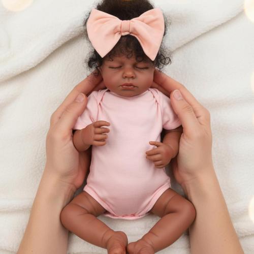 18 Inch Realistic Black Reborn Baby Doll Closed Eyes – Lifelike African American Sleeping Baby Doll with Hand-Rooted Curly Hair & Soft Cloth Body, Realistic Newborn Gift for Kids and Collectors