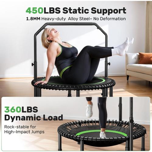 BCAN 450/550LBS Mini Rebounder Trampoline for Adults with Bar, Fitness Trampoline with Bungees, Adjustable Handle, Stable & Quiet, Indoor Outdoor, Whole-Body Workout & Relaxation at Home-40IN/48IN