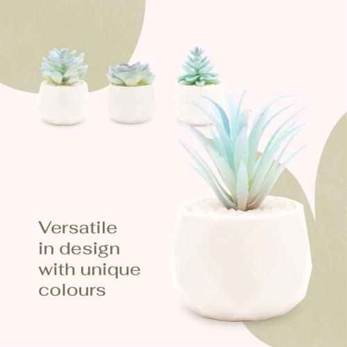VIVERIE Mini Blue Artificial Succulent in Pots (White Ceramic, 4 Pot Set) Fake Plants for Indoors, Office Decor Blue Gift for Women, Office Home Decor Gifts-Faux Plant