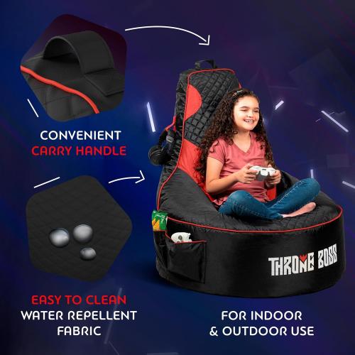 Throne Boss Gaming Bean Bag Chair Cover for Kids with High Back, Red – Floor Gaming Chair Cover, Easy to Clean Fabric, Large Side Pockets, Headphone Hanger, Requires 200 Liters Polystyrene Beans