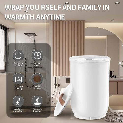 Large Towel Warmer for Bathroom - Heated Towel Warmers Bucket, Wood Handle, Auto Shut Off, Fits Up to Two 40X70 Oversized Towels, Bathrobes, Blankets, for Mother's Gifts, White