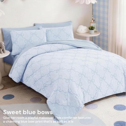 Twin XL Comforter Set for Girls - 5 Pieces Blue Bow Bed in a Bag