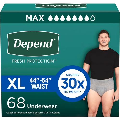 Depend Fresh Protection Adult Diapers, Incontinence Underwear for Men, Disposable, Maximum, Extra-Large, Grey, 68 Count (2 Packs of 34), Packaging May Vary