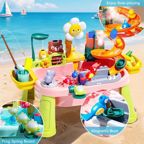 Ploomi 2026 Upgraded Water Table for Toddlers 1-3 - Outdoor Toys for Kids Ages 4-8 with Pump, Summer Outside Sensory Activity Pool Toys, Kitchen Play Sink Toy with Running Water, Fishing Toy, Pink