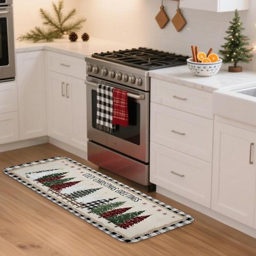 Farmhouse Christmas Kitchen Mats for Floor, Rustic Barn Trees Soft Mats, Holiday Cushioned Non Slip Washable Decor Rugs for Kitchen Sinks Bathroom 16x47 Inch