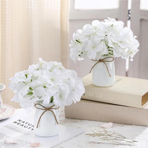 Geelin 2 Set Artificial Hydrangea Flowers with Glass Vase Faux Silk Hydrangeas Flowers Heads with Stems Floral Bouquets Vase Gifts for Home Wedding Baby Shower Centerpieces Table Decor(White)