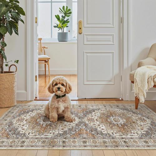 Madane Washable Area Rug 2x4, Small Entryway Rugs Non-Slip, Turmeric/Grey