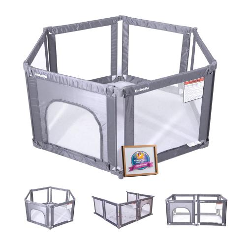 Babelio Wall Mountable Playard, Foldable Playpen for Babies and Toddlers- Adjustable Shape & Area, 62 * 31 Playpen with Zipper Gate, Portable Baby Fence for Indoor & Outdoor