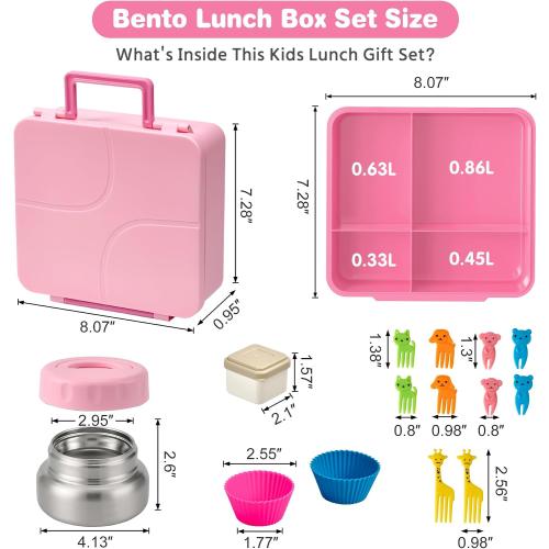 Bento Lunch Box with 9.5 oz Soup Thermo, Kids Leakproof 4 Compartments Bento Box with Silicone Cupcake,Fruit Fork,Spoon and Sauce Cup,Insulated Food Jar for School Travel-Pink