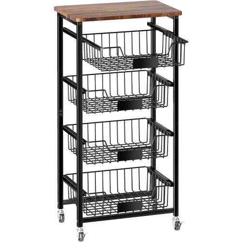 OKZEST 5-Tier Kitchen Storage Cart with 4 Upgraded Drawer Basket & Wood Top