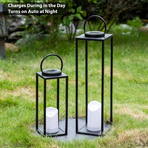 Large Solar Outdoor Lanterns, 25 16 Tall Farmhouse Black Metal Waterproof Decorative Lanterns with Solar Candles for Front Porch, Patio, Christmas, Fall Decor- Set of 2