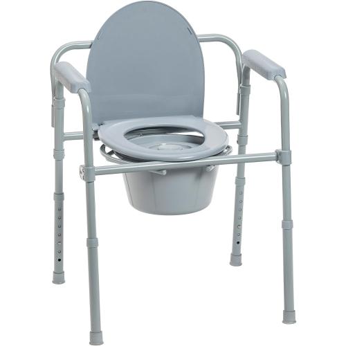Drive Medical Folding Steel Bedside Commode Chair - Portable 3-in-1 Toilet Solution - Adjustable Height - 7.5 Qt Bucket Included - Durable Powder-Coated Steel Frame - Supports up to 350 Lb
