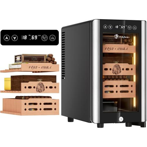 LIHTUN 25L Electric Humidor Cabinet for 150 Cigars, Thermoelectric Cooling, Adjustable Temperature and Humidity, Digital Display, 3 Removable Cedar Shelves, Safety Lock, Gift for Men (25L)